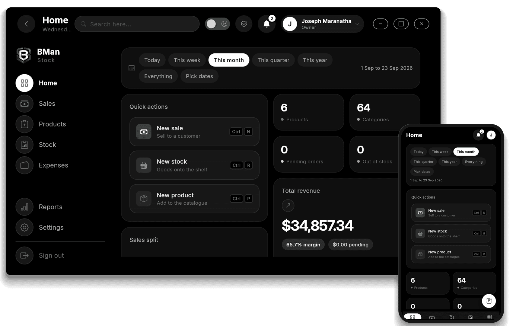 BMan Stock open on a computer and on a phone, showing the month's takings, the products in stock and the quick actions for a new sale, new stock and a new product.